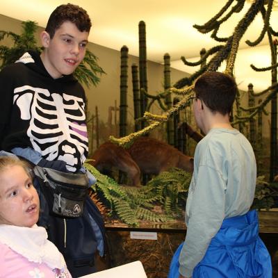 Drei Schüler stehen vor einer Grünfläche im Naturkundemuseum im Hintergrund sieht man zwei Tiere