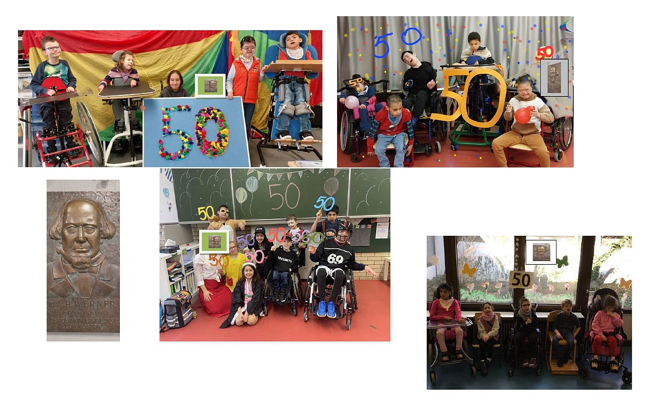 Die Seite zeigt vier Klassenfotos  mit Schülerinnen und Schülern die die Zahl 50 auf unterschiedliche Weise präsentieren.