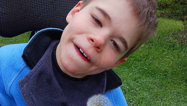 Schüler im Rollstuhl, grüner Hintergrund Wiese, Sträucher, der Schüler hält eine Pusteblume in der Hand