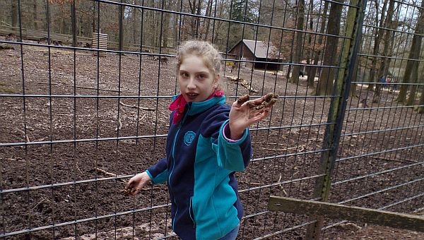 Schülerin steht vor dem Gehege am Zaun im Hintergrund sieht mal leider keine Tiere nur das Holzhaus von denen, die Schülerin zeigt ihre dreckigen Hände in die Kamera und lacht 
