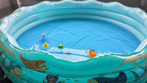 Ein blaues Planschbecken mit Fischen drauf steht auf der Terrasse, voll mit Wasser gefüllt