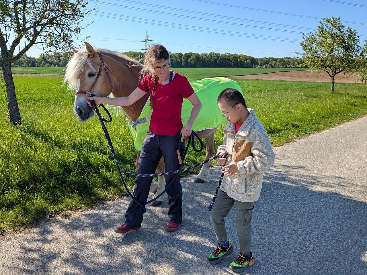 Ein Junge und eine Frau führen ein Pferd an der Leine spazieren