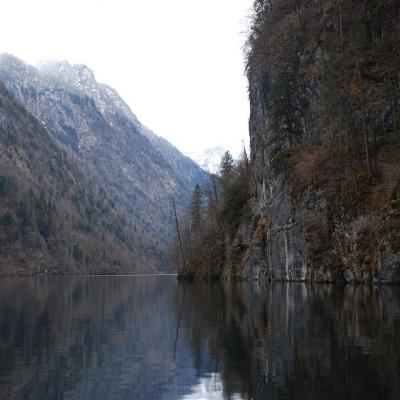 Man sieht den Königssee. Rechts geht es eine steile Felswand nach oben. Im Hintergrund sieht man teils schneebedeckte Berge.
