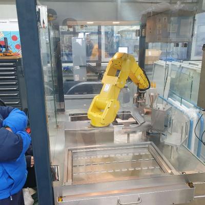 Ein Schüler steht links neben einer Currywurstmaschine mit einem gelben Roboterarm.