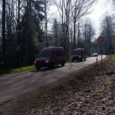 Zwei große, rote Schulbusse sind fast am Ziel, auf dem Weg zum Parkplatz des Wildparks Pforzheim.