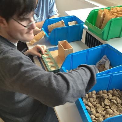 Ein Schüler sitzt an einem Tisch und verpackt Samenbomben. 