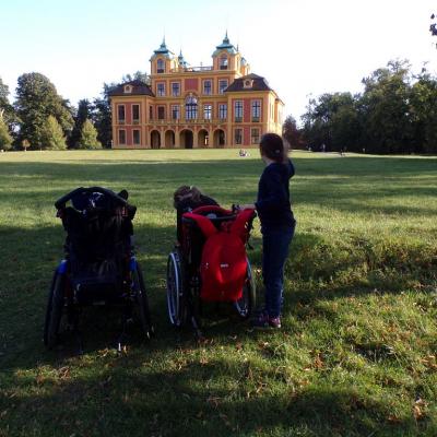 Blauer Himmel , Im Hintergrund steht das Gelb orange wunder schöne Schloss Favoriten Park , die Bäume sind rechts und links wunderbar grün, auf der grünen Wiese stehen zwei Rollstuhlfahrer 