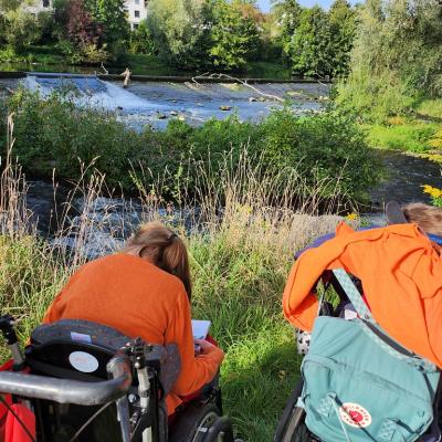 Zwei Rollstuhlfahrer schauen auf die Enz. Die Bäume und Sträucher sind noch im prachtvollem grün 